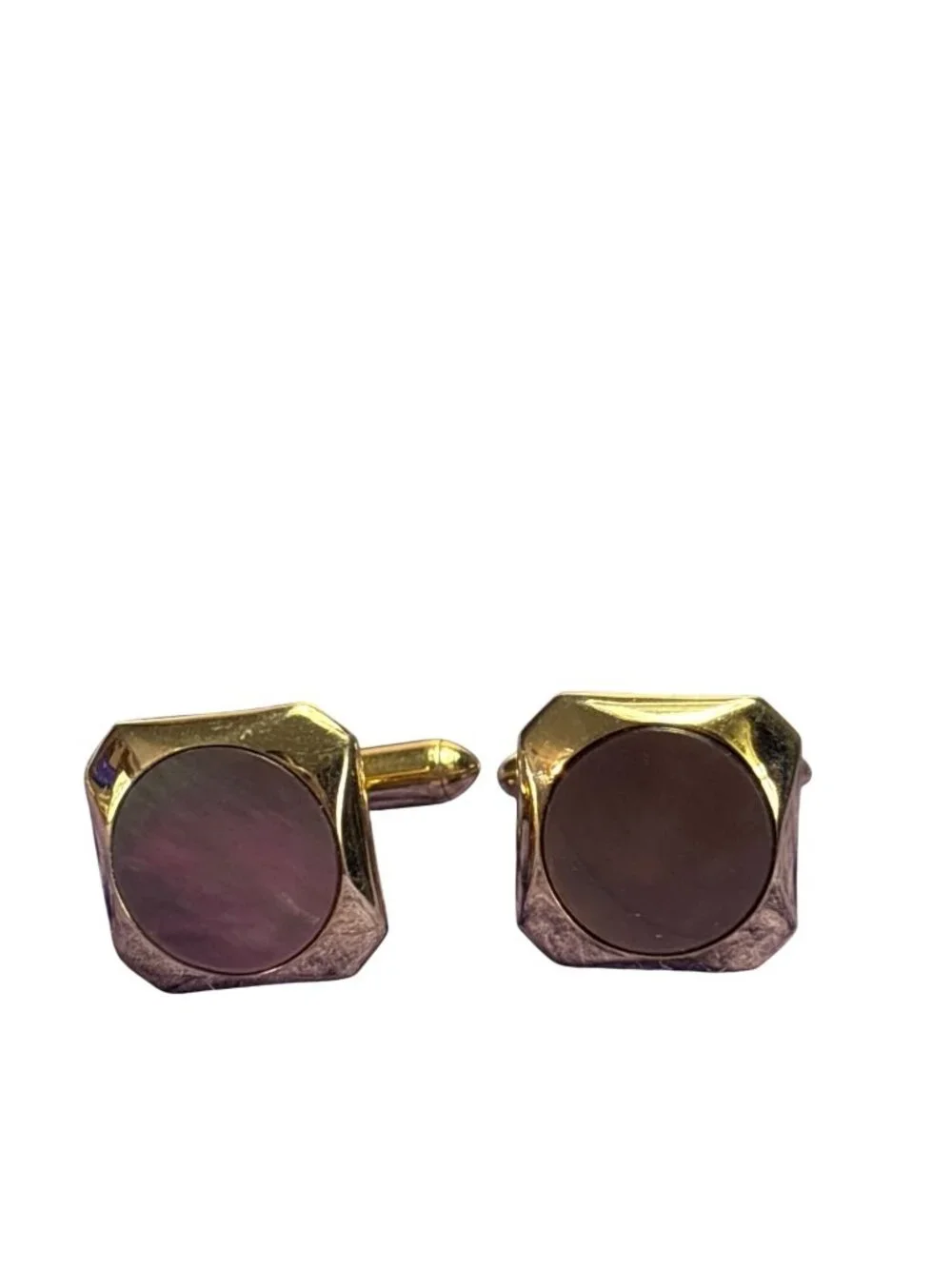 Vintage Swank Square Silvertone Cufflinks Circle Shell Inlay 5/8 inch